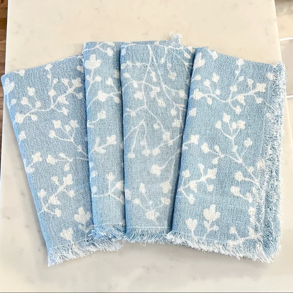 Anthropologie Hazel Napkins, Light Sky Blue White Silver Shimmer, Cotton Linens